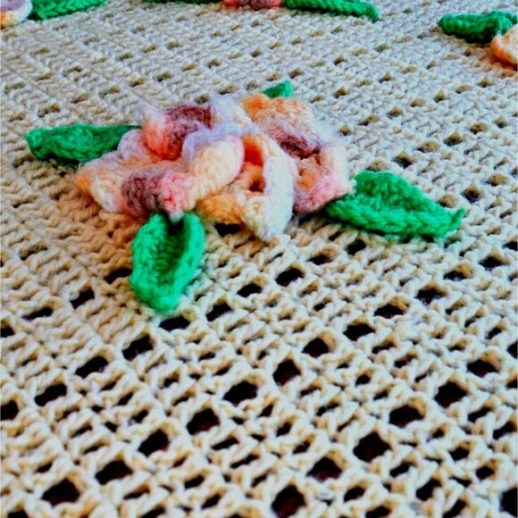 Vintage Crochet Yellow Floral Blanket Topper 70 x 80 Handmade Afghan & Flowers - Picture 11 of 13